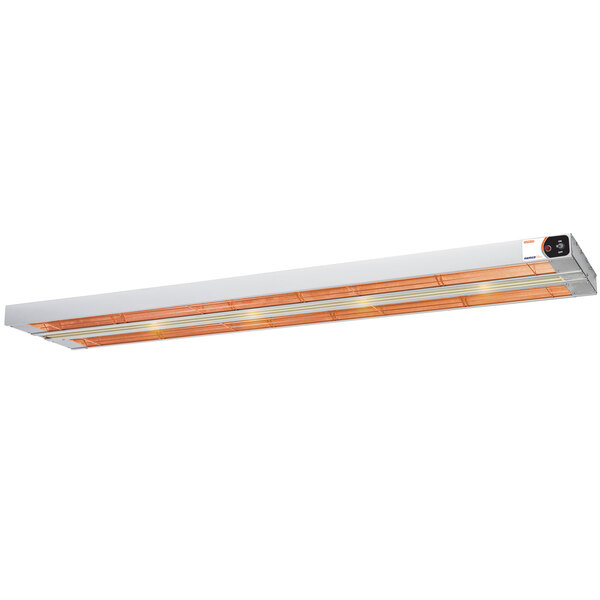 A long rectangular light fixture with white and orange light bulbs.