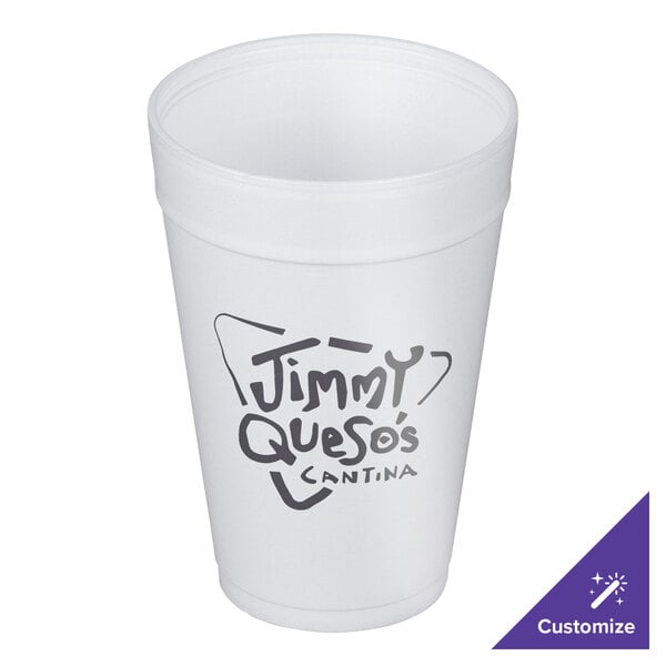 A white Dart foam cup with black customizable text that reads "Jimmy Queso's"