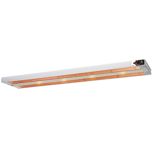 A long rectangular light fixture with a white and orange light bulb inside.