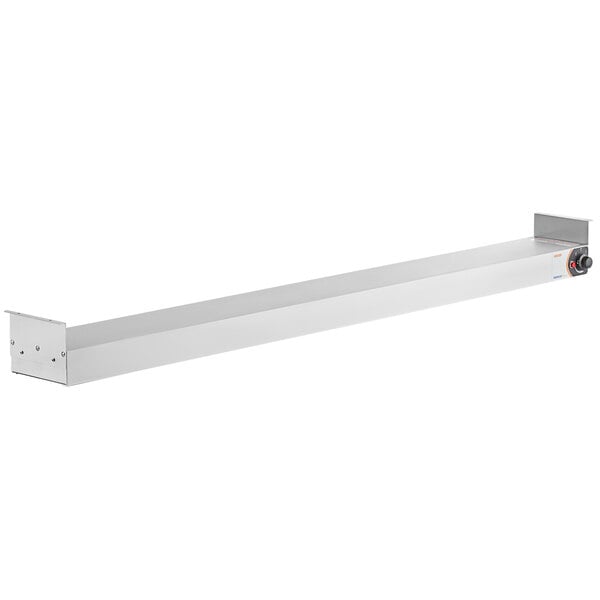 A Nemco infrared strip warmer with a stainless steel shelf and red knob.