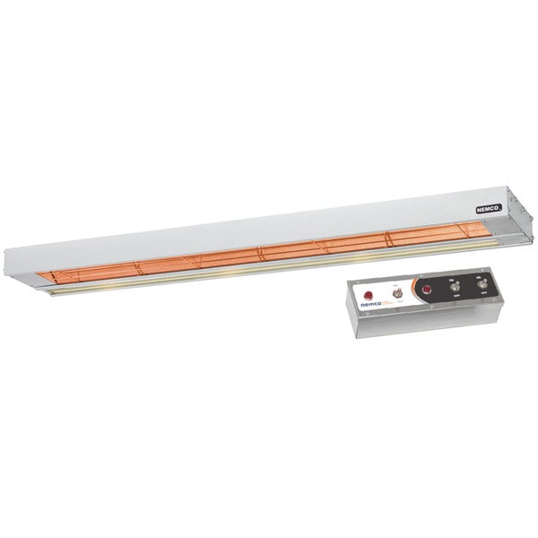 A white rectangular Nemco dual infrared strip warmer with orange stripes and a long rectangular light with a red button.