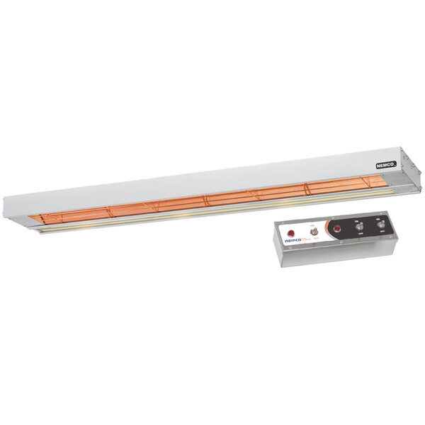 A white rectangular Nemco dual infrared strip warmer with a long white rectangular light and orange stripe and a remote control box.