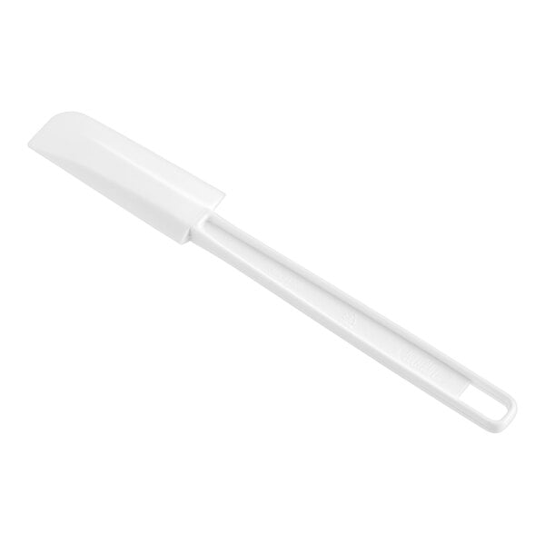 A white plastic spatula with a white handle.