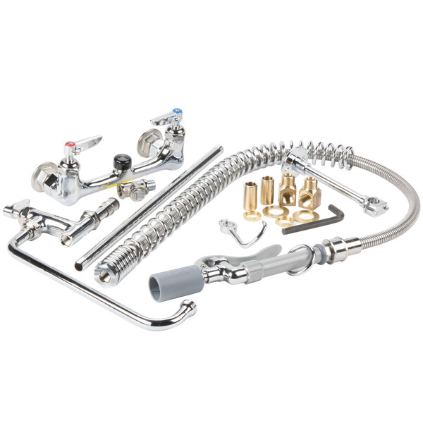 A T&S EasyInstall wall mounted pre-rinse faucet with plumbing kit and accessories.