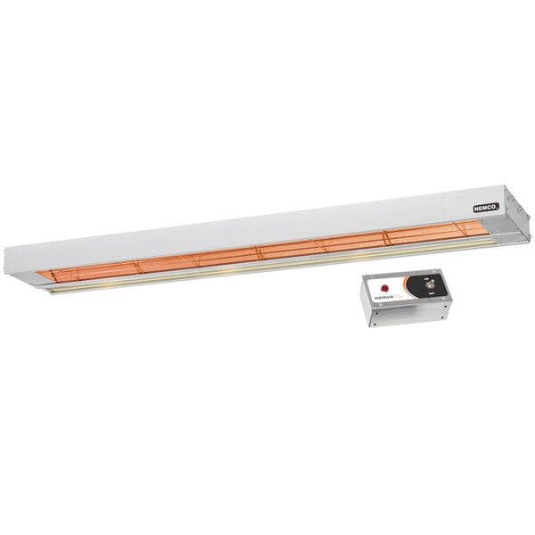 A white rectangular Nemco infrared strip warmer with a remote control box and lights.