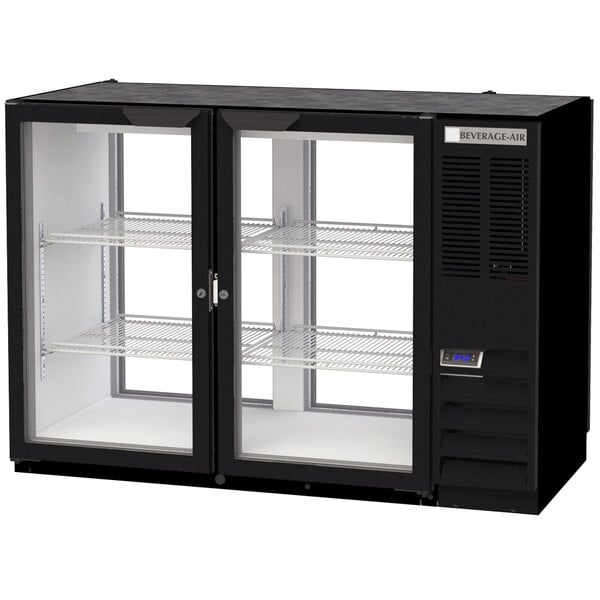 A black Beverage-Air back bar refrigerator with glass doors.