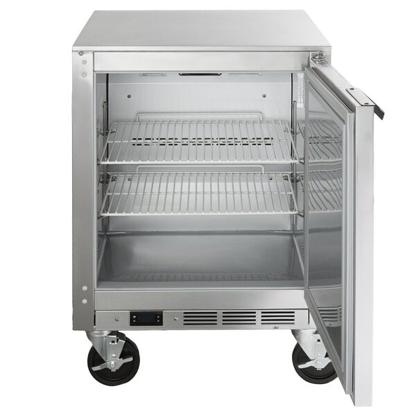 A silver Beverage-Air undercounter freezer with a door open on shelves.