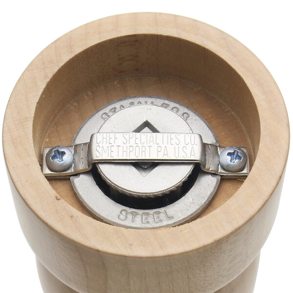 A wooden pepper mill with a metal grinder.