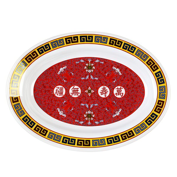 A red and white oval melamine platter with Chinese characters in white and red.