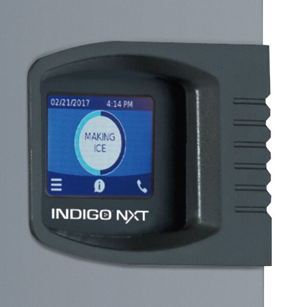 The screen of a Manitowoc Indigo NXT ice machine with blue and black text.