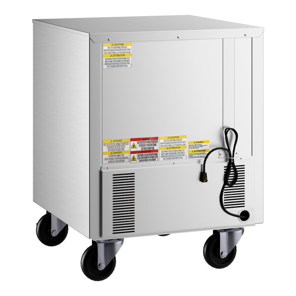 A stainless steel undercounter freezer with two drawers, mounted on four caster wheels.