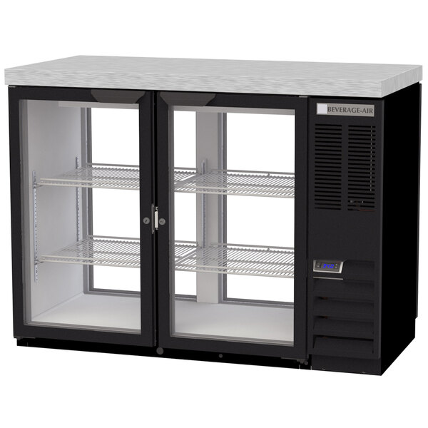 A black Beverage-Air back bar refrigerator with glass doors.