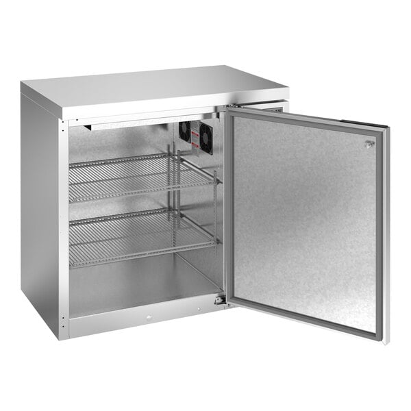 A silver stainless steel Beverage-Air back bar refrigerator with a door open.