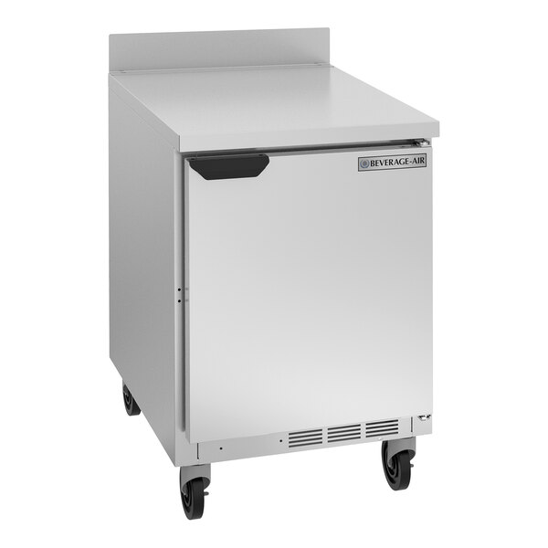 A silver Beverage-Air worktop refrigerator with wheels and a black handle.