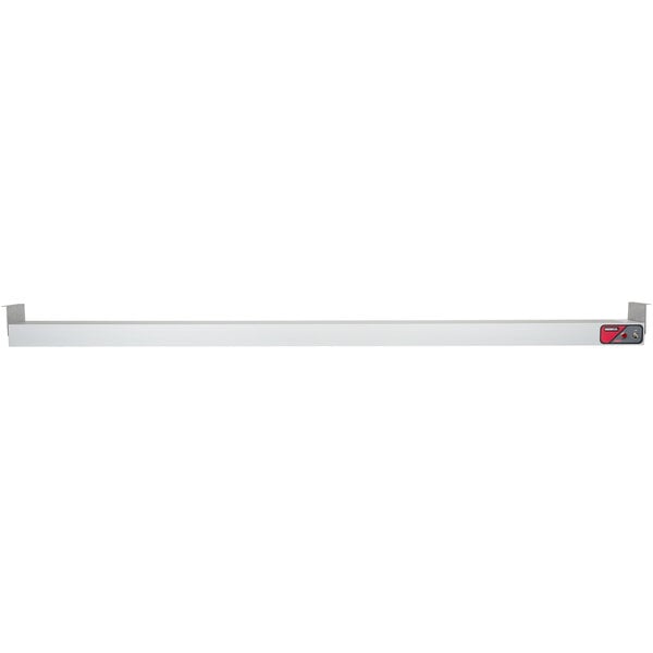 A long white metal strip with black and red labels.
