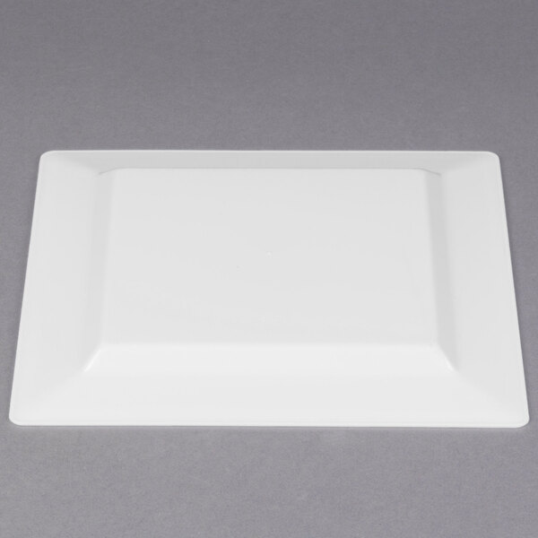 A white rectangular object with a gray border, a Fineline Silver Splendor white square plate with silver bands.