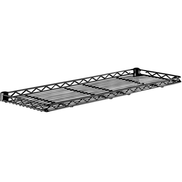 A black Metro cantilever shelf with metal racks.