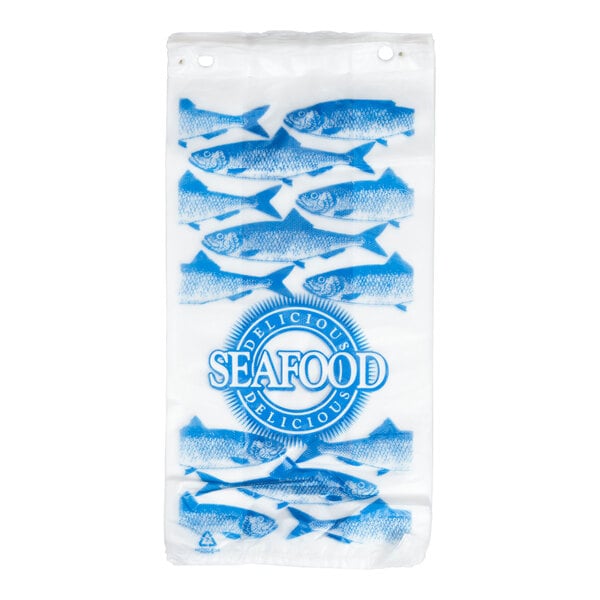 A white plastic bag featuring blue fish illustrations and the words 'Delicious Seafood' printed in the center.
