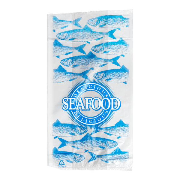 A clear plastic bag with blue fish illustrations and the words 'Delicious Seafood' printed on it.