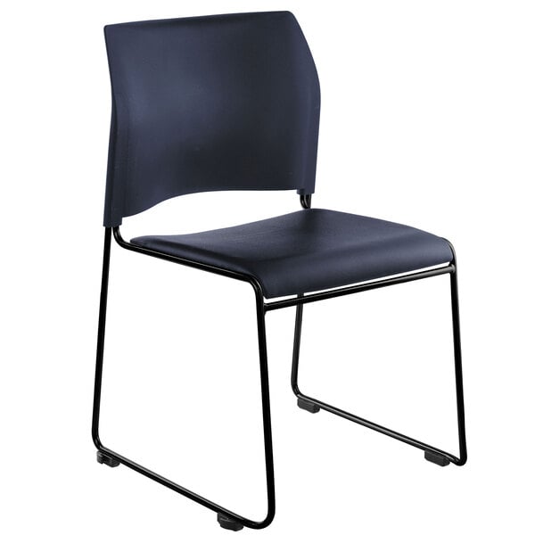 A blue National Public Seating Cafetorium chair with black metal legs.