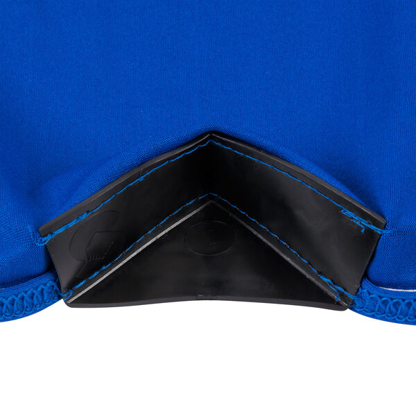 A royal blue spandex table cover with black stitching.