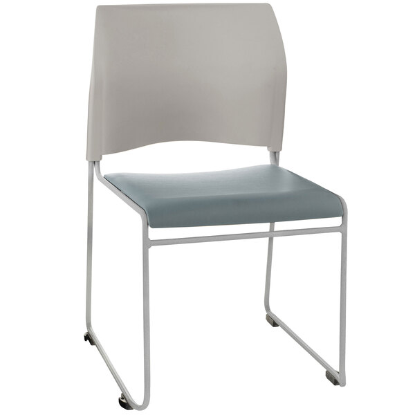 A National Public Seating blue and gray cafetorium chair with a silver frame.