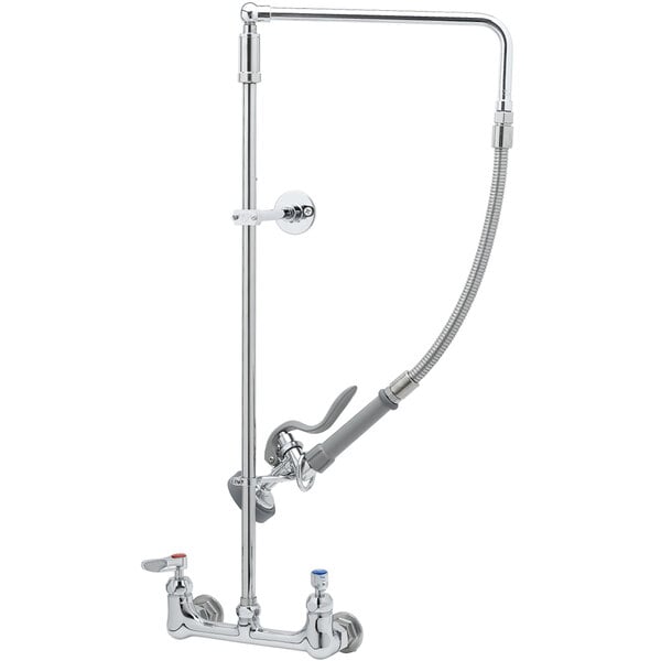 A T&S chrome wall mounted pre-rinse faucet with a hose.