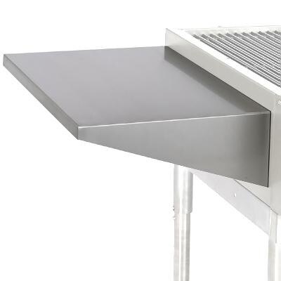 A stainless steel Star UMS72 shelf on a metal shelf over a grill.