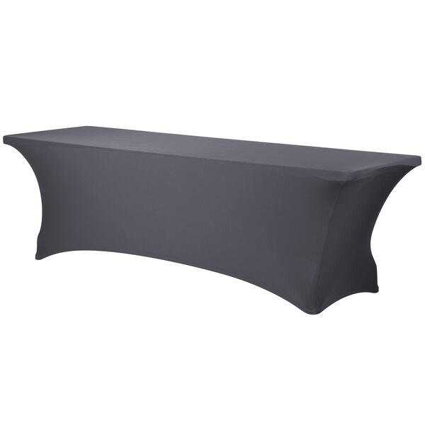 A charcoal gray Snap Drape Contour spandex table cover on a long rectangular table.