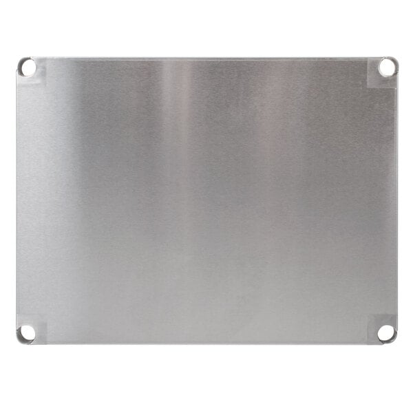 A close-up of a solid stainless steel shelf.