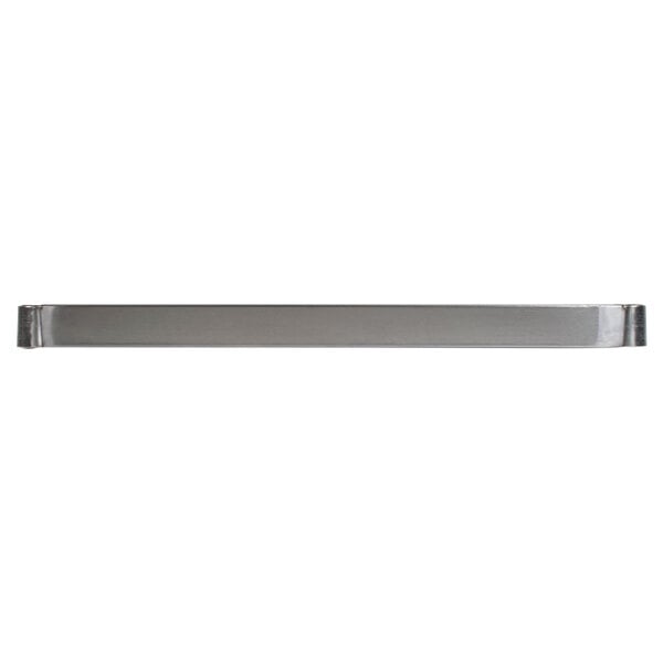 An Advance Tabco stainless steel shelf with a long metal bar.