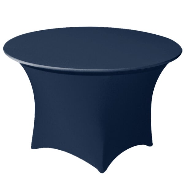 A navy blue Snap Drape Contour spandex table cover on a round table.