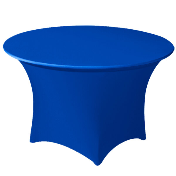 A royal blue Snap Drape spandex table cover with a round top on a table.