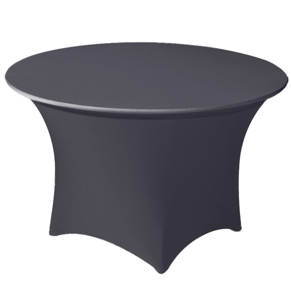 A charcoal Snap Drape spandex table cover on a round table.