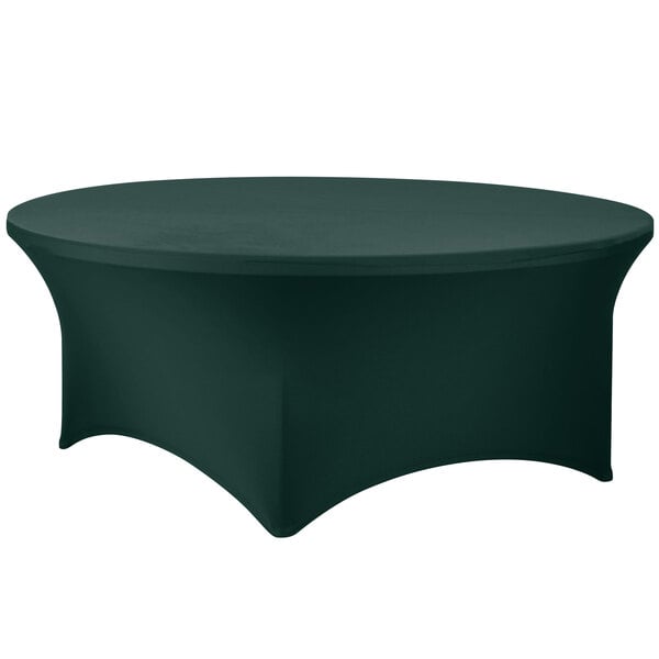 A hunter green Snap Drape spandex table cover on a round table.