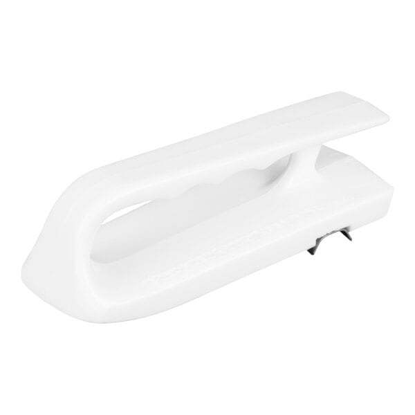 A white plastic handheld tool with a handle and a small metal blade on the bottom edge.