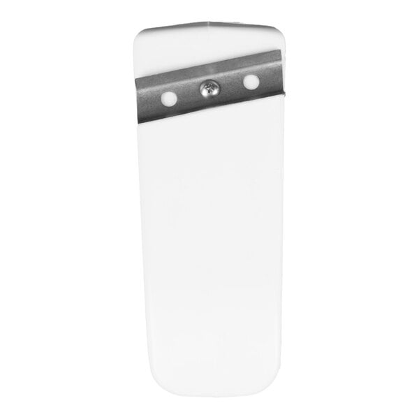 A white handheld tool with a metal blade attached at the top, likely used for resurfacing or refinishing cutting boards.