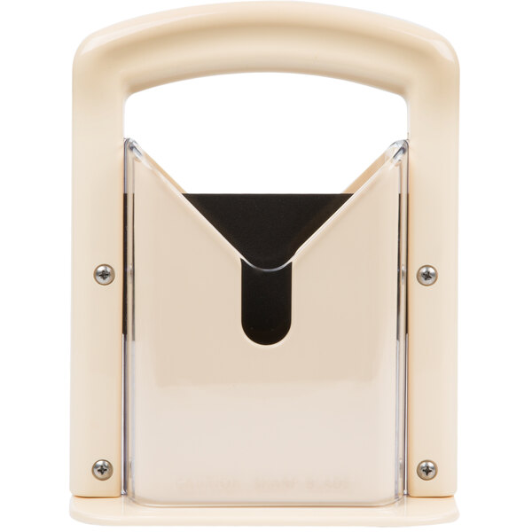 A beige plastic bagel slicer with a handle.