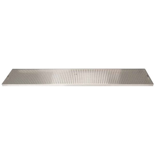 A rectangular stainless steel surface with small holes.