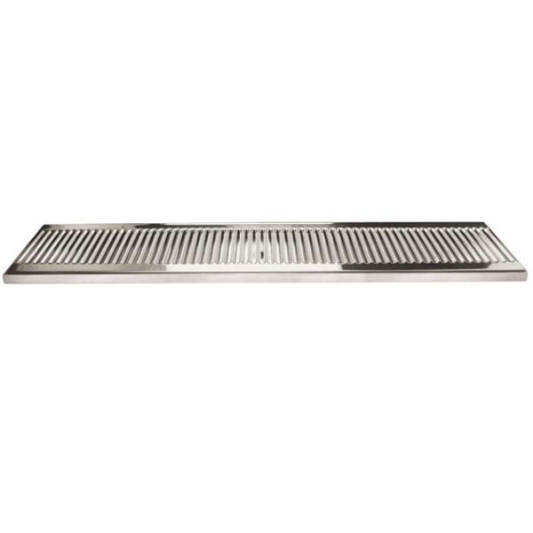 A stainless steel Micro Matic surface mount drip tray with a drain.