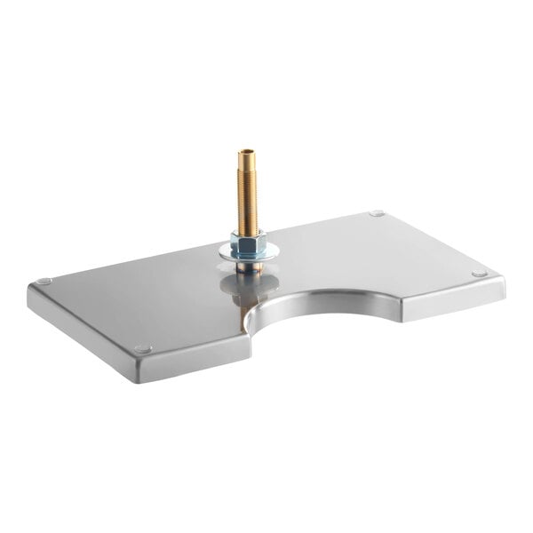 A rectangular stainless steel tray with a central circular cutout and a vertical threaded drain fitting.