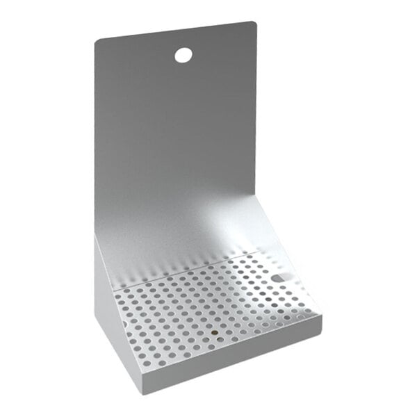 A stainless steel wall mount drip tray with a perforated surface and a backplate featuring a mounting hole.