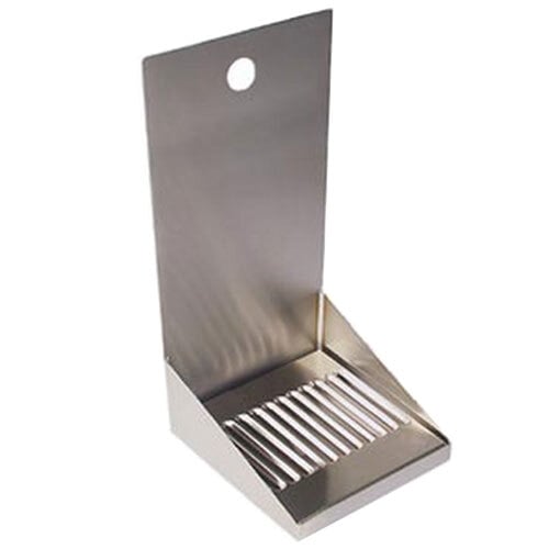 A stainless steel Micro Matic wall mount jockey box drip tray with a metal drain cover.