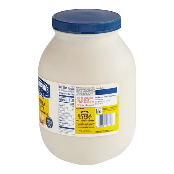 A white jar of Hellmann's Extra Heavy Mayonnaise with a blue lid and yellow label.