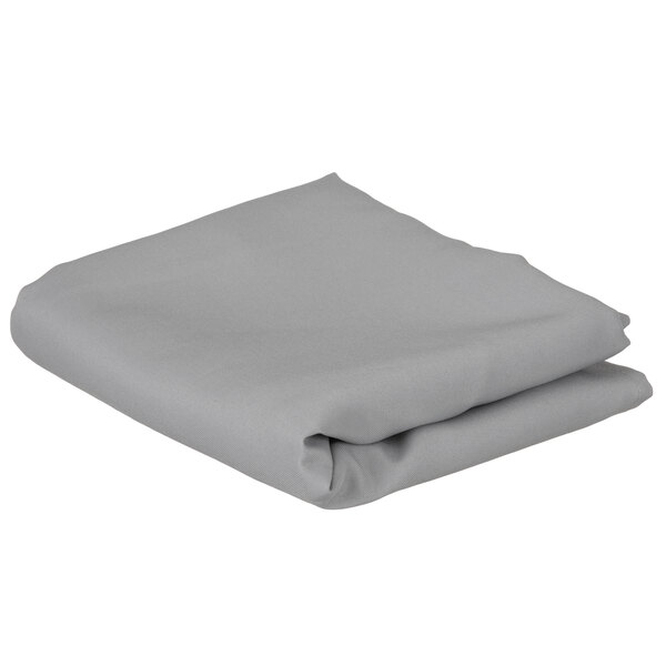 A folded grey rectangular cloth table cover on a white background.