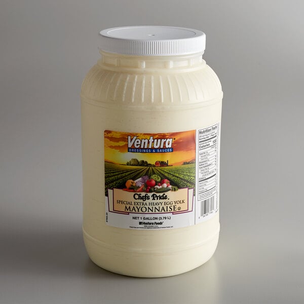 A white plastic container of Ventura Chef's Pride mayonnaise with a label.