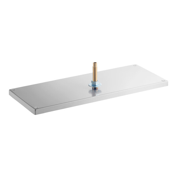 A rectangular stainless steel tray with a central brass drain fitting and four visible corner screws.