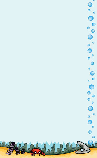 Seafood themed menu paper with a white background and blue bubble border with a crab and fish design.