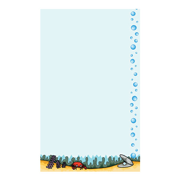A sheet of paper with a light blue background, featuring underwater-themed illustrations including bubbles along the right edge, seaweed, a crab, a shell, and coral at the bottom.