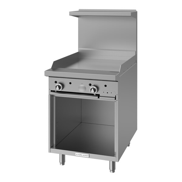 A commercial natural gas range with a 24-inch griddle and an open storage base.